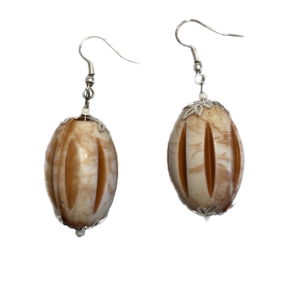 Tan/Cream Acrylic and Silver Tone Earrings Upcycled Handmade